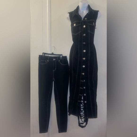 Black Denim Distressed Vest and Distressed Jeans Set - Picture 3 of 5